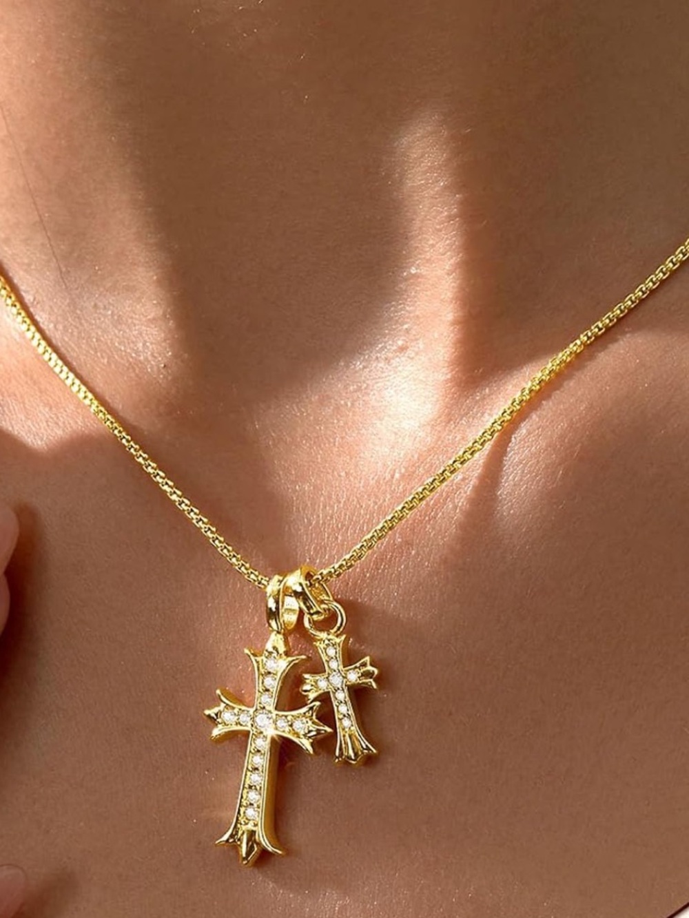 Anthropologie Gold-Tone Double Cross Pendant Necklace with Clear Stones